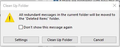 Clean up pop up in outlook.
