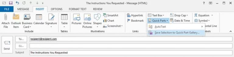 Quick Parts in insert menu in outlook.