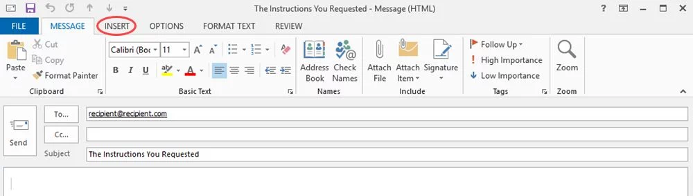 How to use Insert tab in outlook.