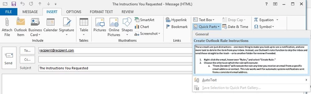 How to use Quick parts in outlook.