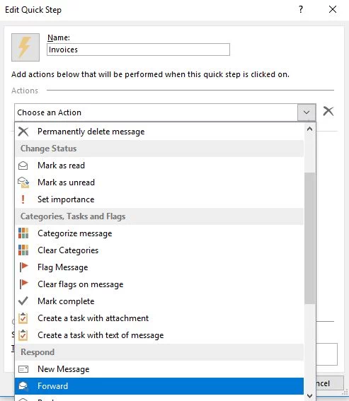 Edit window for quick step in outlook.